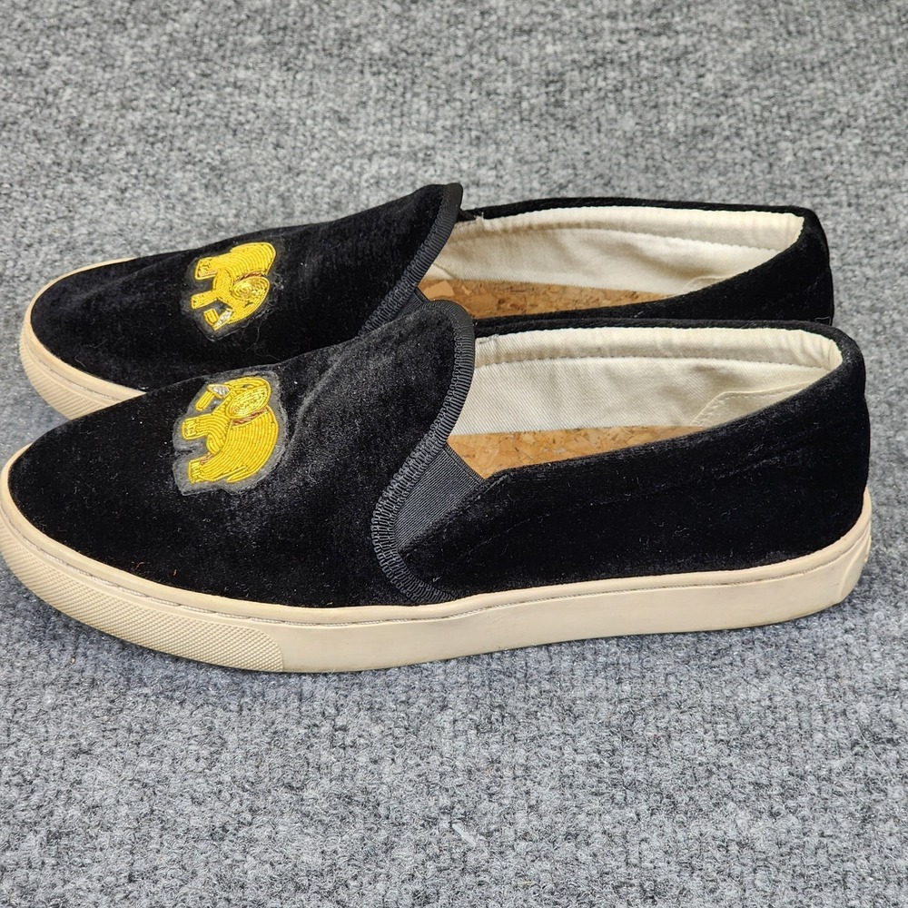 Soludos Black Velvet Slip On Flats Sneakers Gold Embroidered Elephants Size 8.5 - Picture 2 of 6